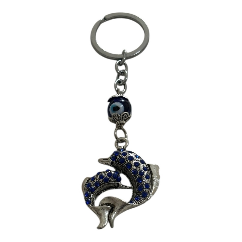 Dolphin Keychain with Evil Eye Bead Silver/Blue/White